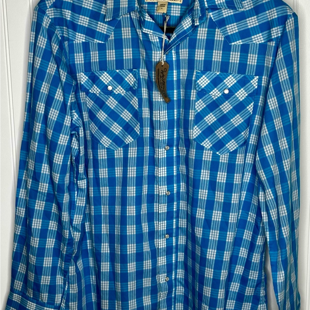 Western Aloha Blue and White Casual LS Button Down Shirt with Gingham Pattern